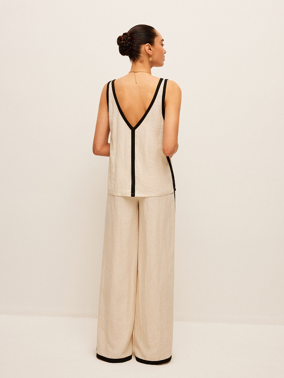 Pamuk ve Kumaş Kontrast Sıcak V Yaka Pantolon Takımı