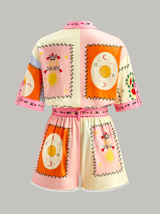 Kemerli Çiçekli Şort Takımı