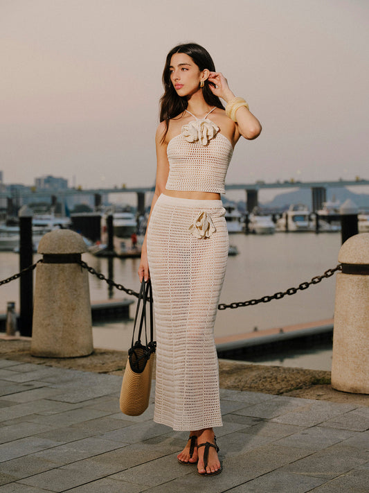 Knit Hollow Ditsy Floral Lastik Detaylı Etek Seti