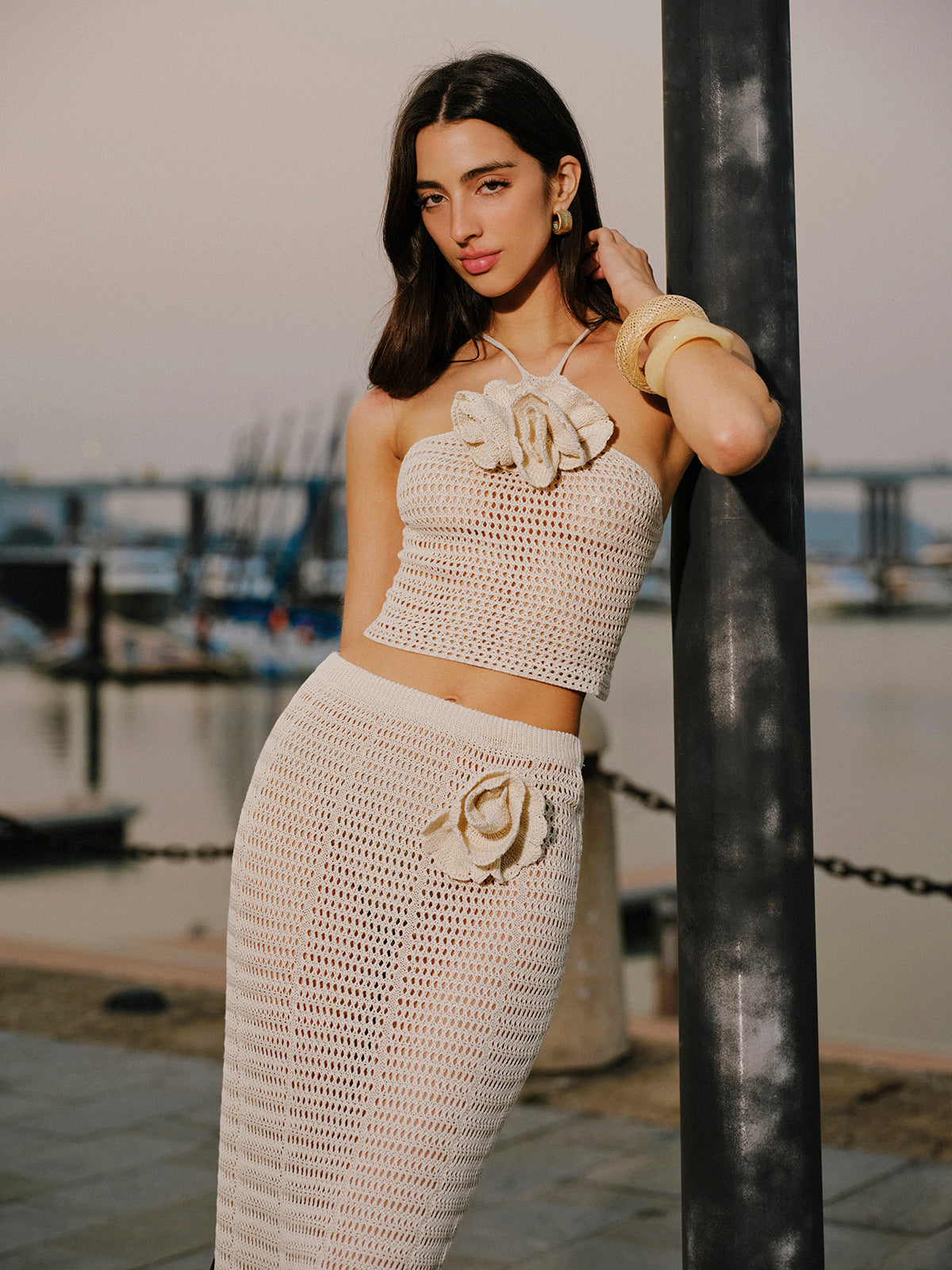 Knit Hollow Ditsy Floral Lastik Detaylı Etek Seti