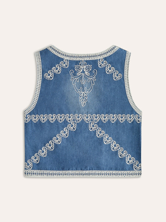 Nakışlı Denim Düğmeli Yelek