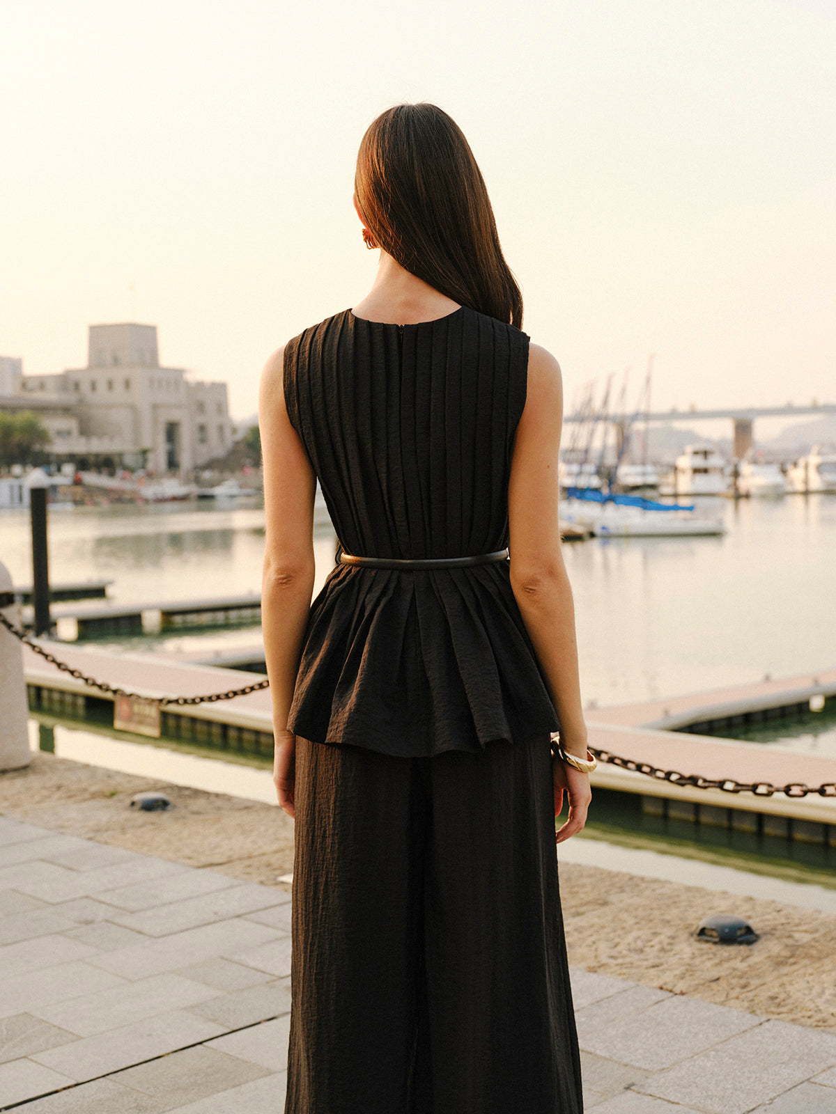 Peplum Üst Geniş Paça Pantolon Takımı Kemerle