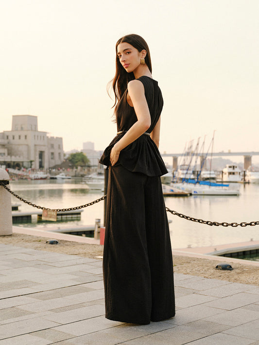 Peplum Üst Geniş Paça Pantolon Takımı Kemerle