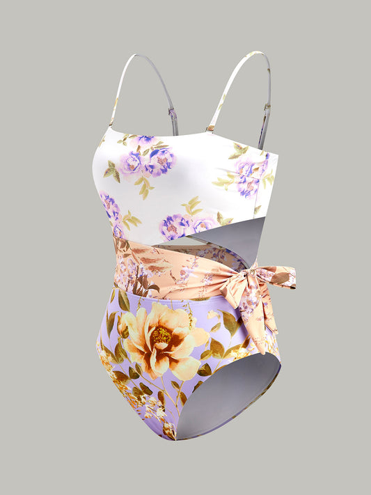 Baskılı Kesikli Papyon Detaylı Spagetti Askılı Tek Parça Mayo