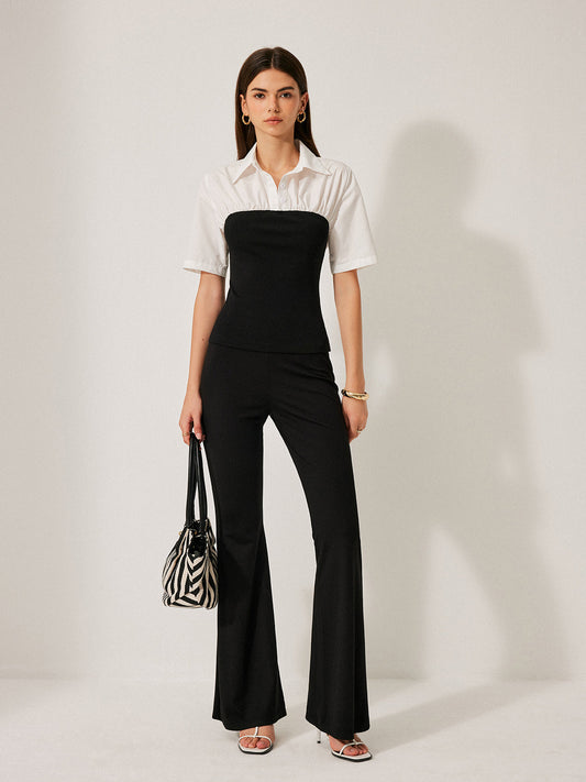 2'si 1 arada Panelli Dekor Düğme Yaka Bluz