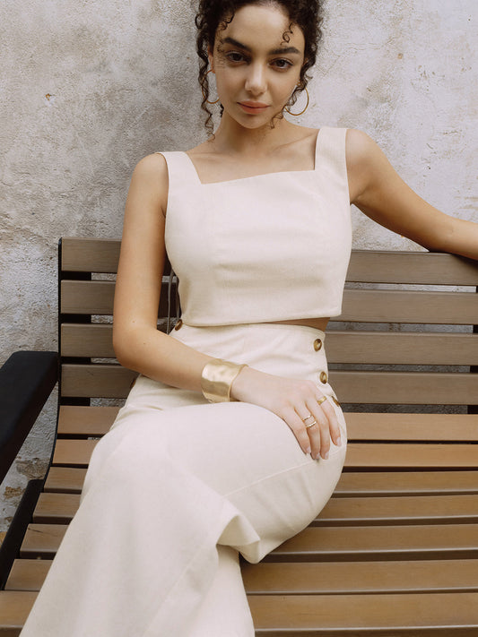 Pamuk ve Keten Düğmeli Dekorlu Süveter ile Düz Paça Pantolon Takımı