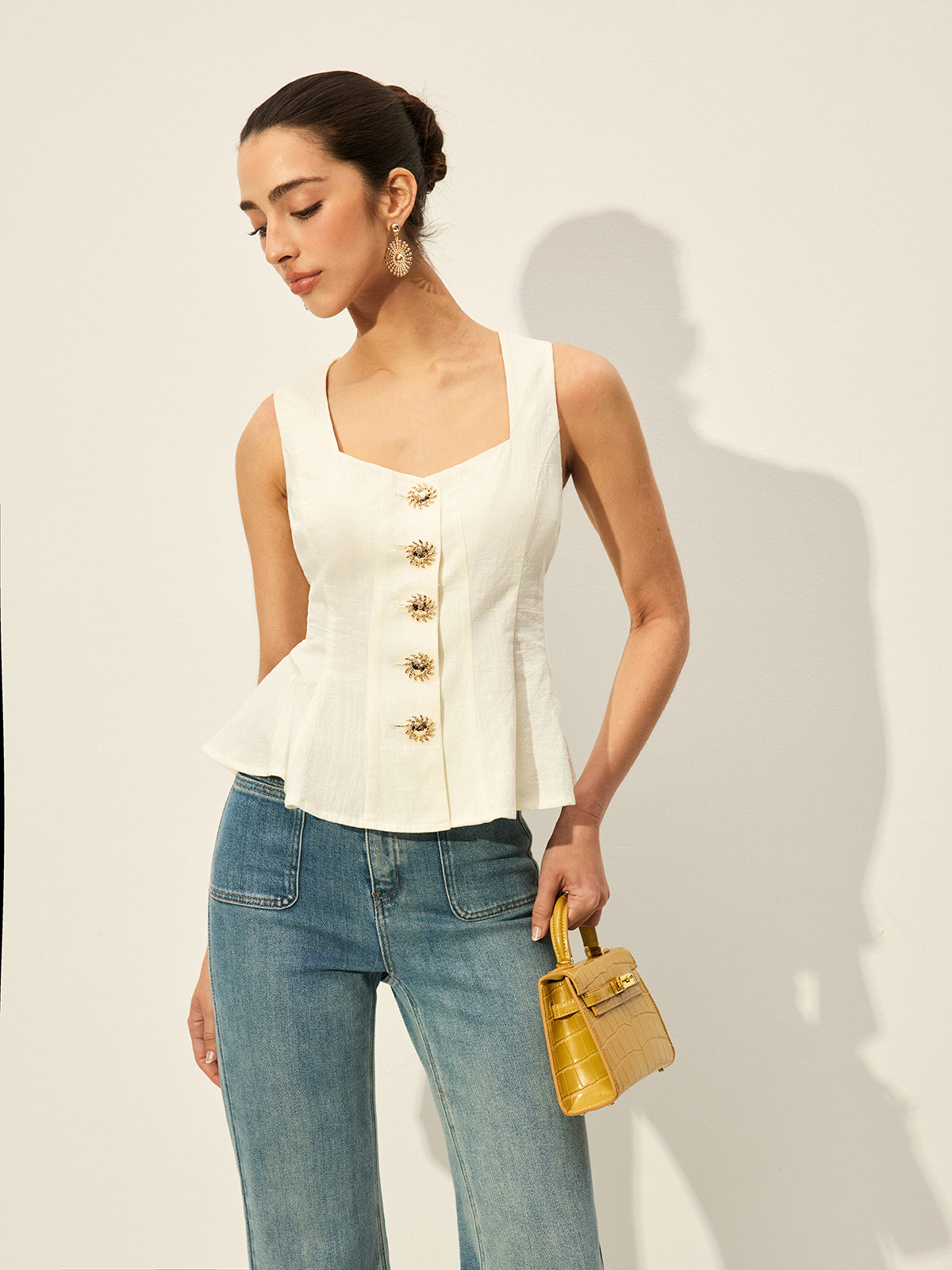 Kare Yaka Düğmeli Peplum Üst