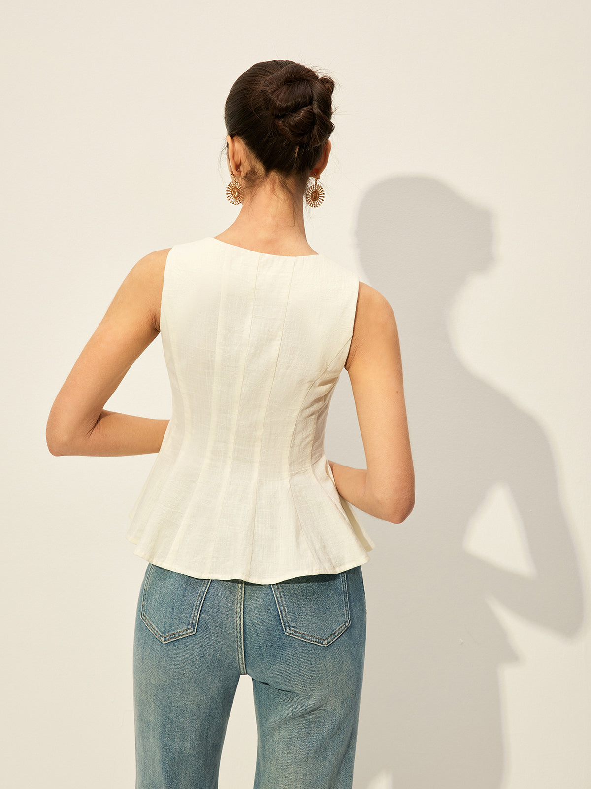 Kare Yaka Düğmeli Peplum Üst