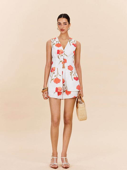 Çiçekli Düğmeli Şort Takımı