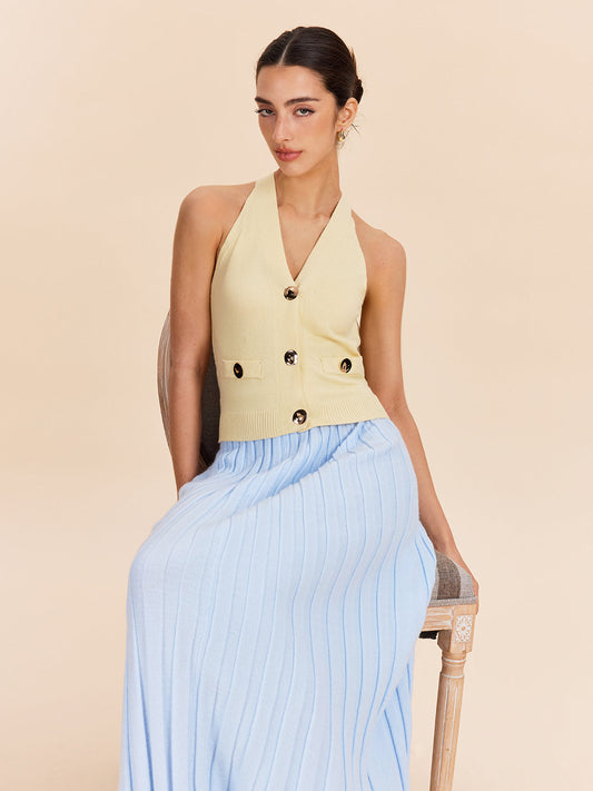 Dekoratif Ceplerle Halter Boyun Ribana Örme Yelek