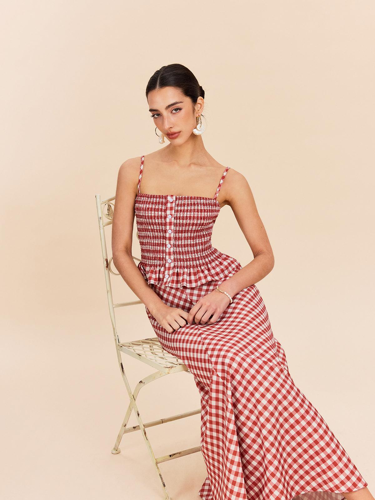 Çizgili Smocklu Peplum Askılı Üst