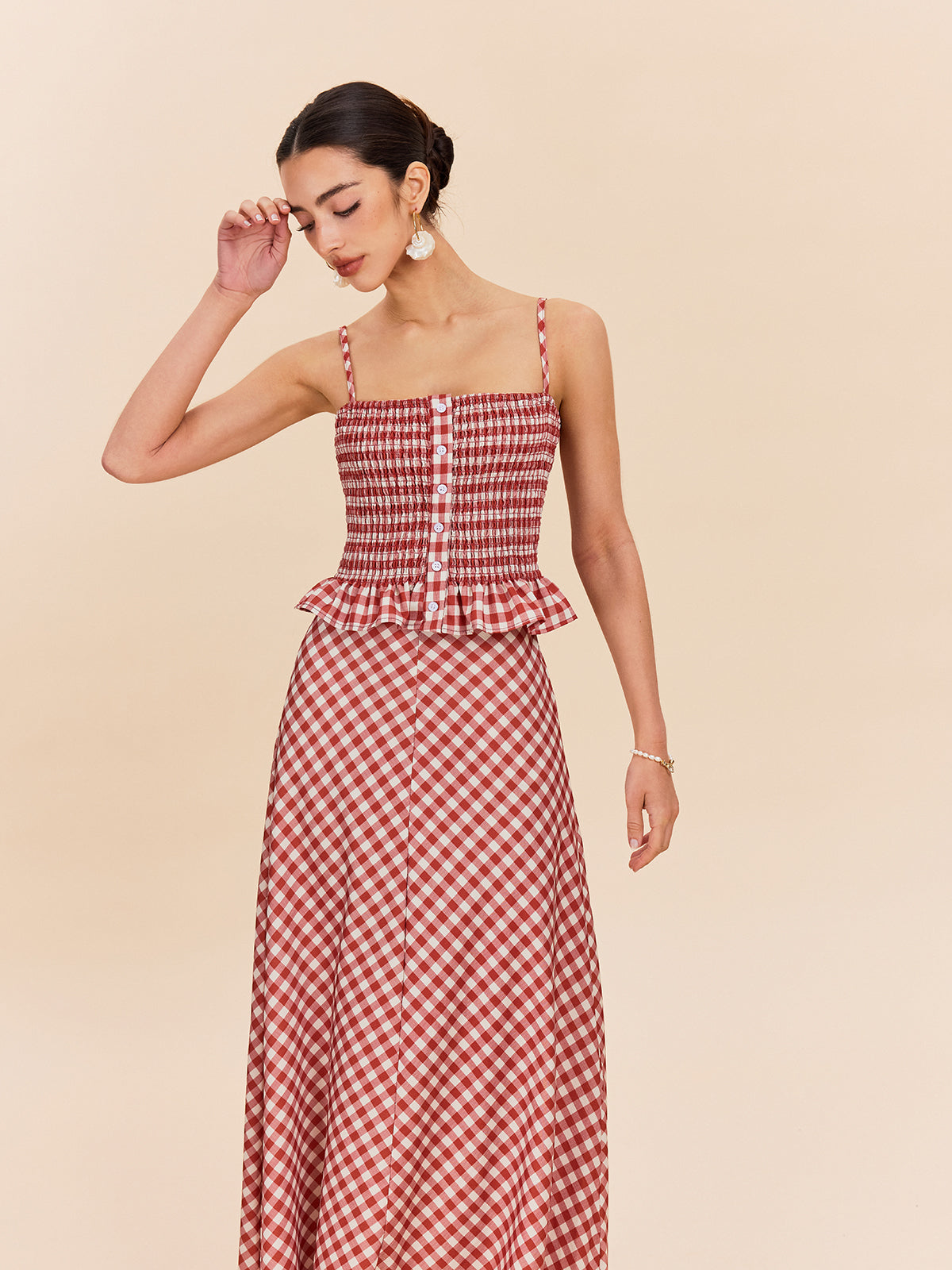 Çizgili Smocklu Peplum Askılı Üst