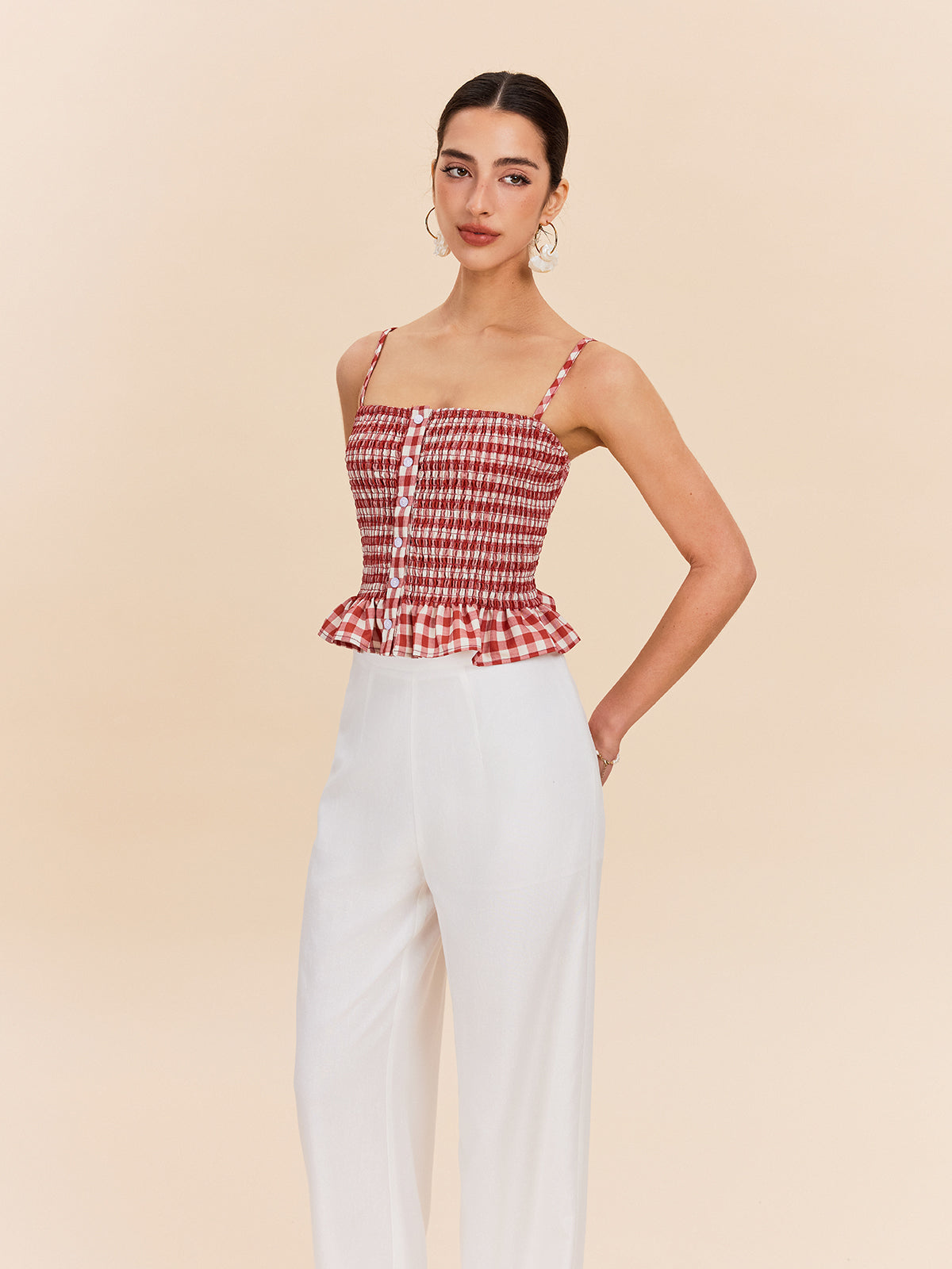 Çizgili Smocklu Peplum Askılı Üst