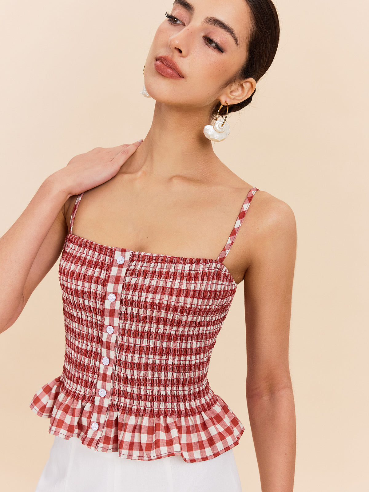 Çizgili Smocklu Peplum Askılı Üst