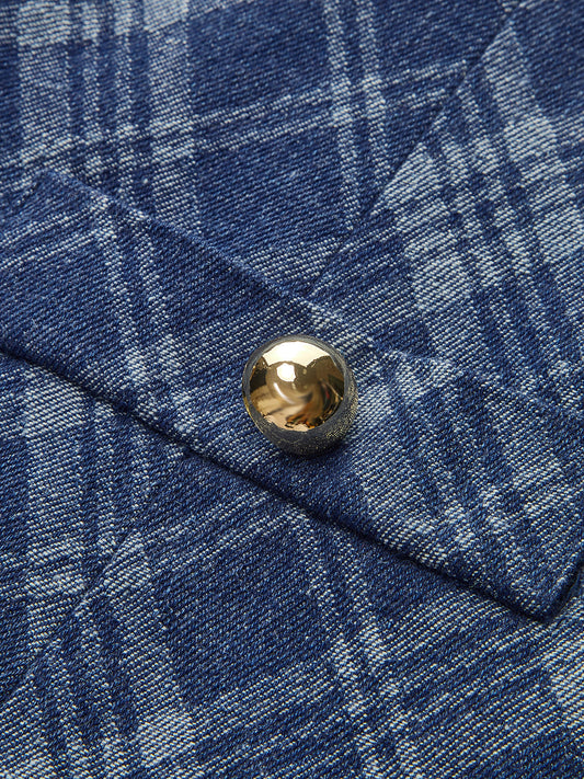 Metal Düğmeli Yuvarlak Yaka Cepli Kot Elbise