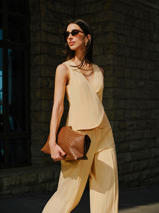 Pamuk ve Keten Sarılı Üst ile Pantolon Seti