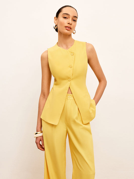 Keten & Pamuk Asimetrik Düğmeli Kolsuz Yelek