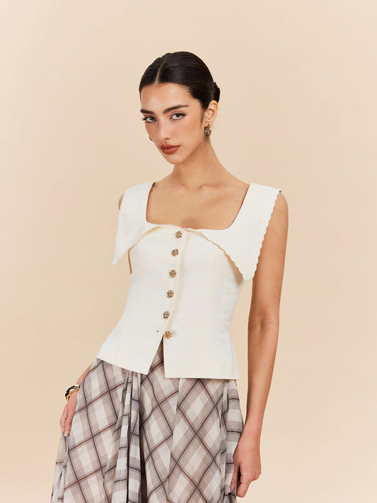 Pamuk ve Keten Kenarları Dalgalı Kralık Yaka Düğmeli Bluz