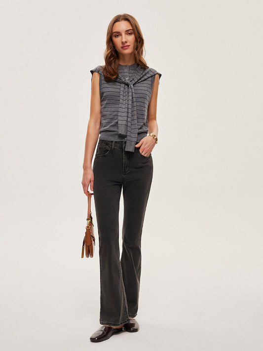 2'si 1 arada Çizgili Düğümlü Düğmeli Kolsuz Süveter