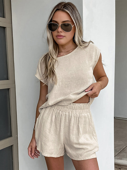 Pamuk ve Keten Cepli Şort Takımı