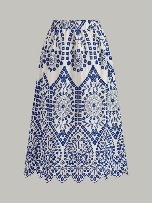 Pamuk Nakışlı Kırma Kenar Elastik Bel Etek