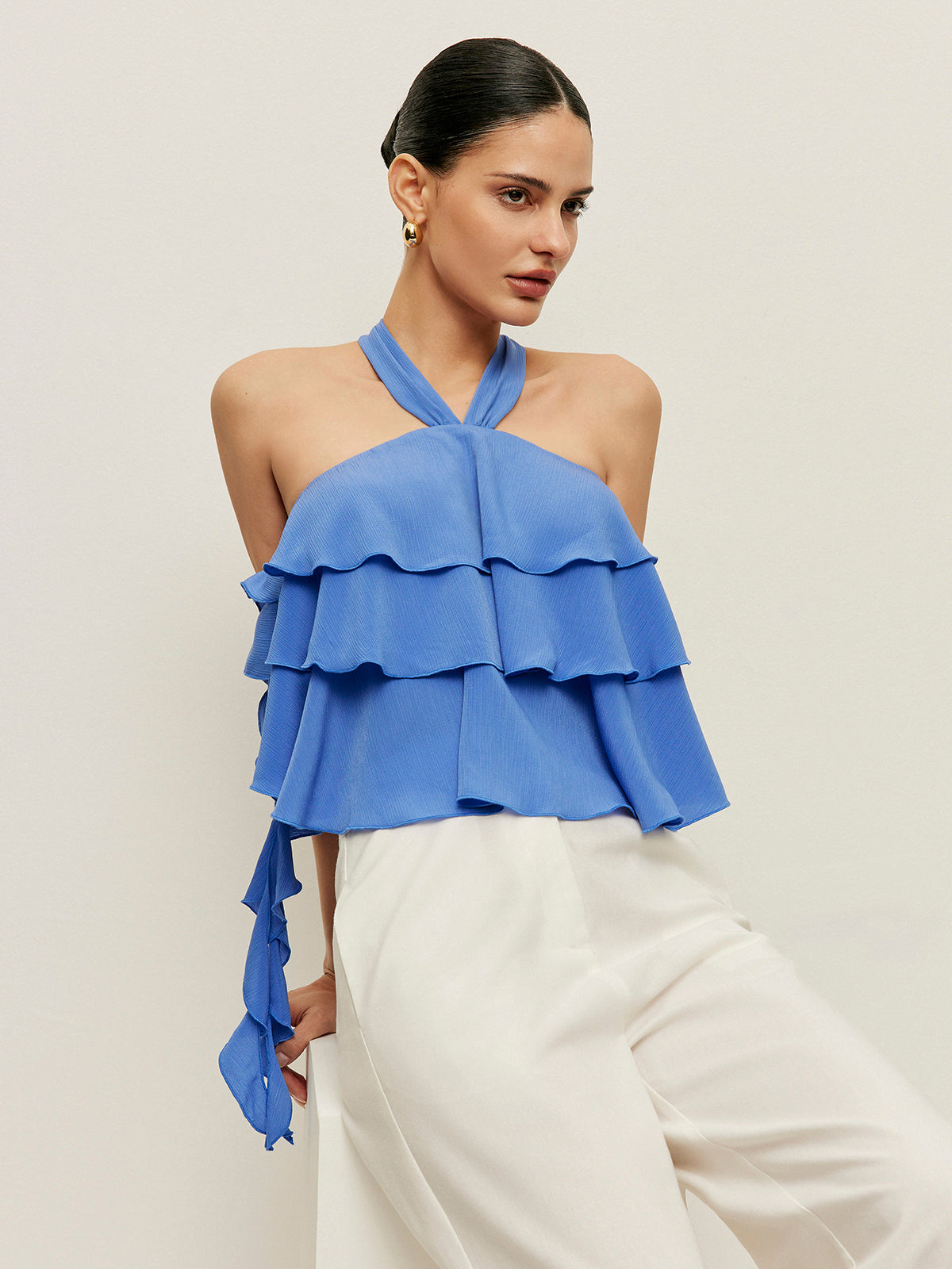 Halter Yaka Volanlı Bluz
