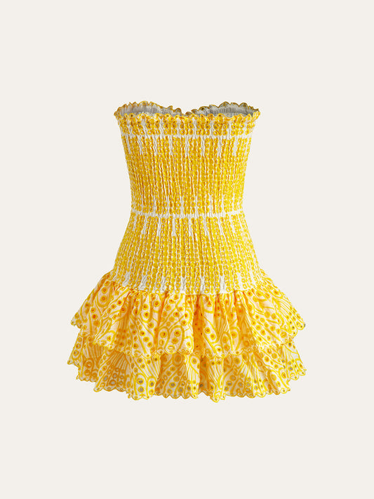 Pamuk Tatlısı Nakışlı Kenar Detaylı Straplez Elbise