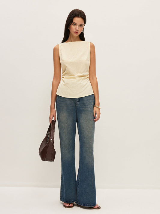 Pamuk Tek Renk Bot Yaka Fırfırlı Bel Kısmı Askılı Bluz