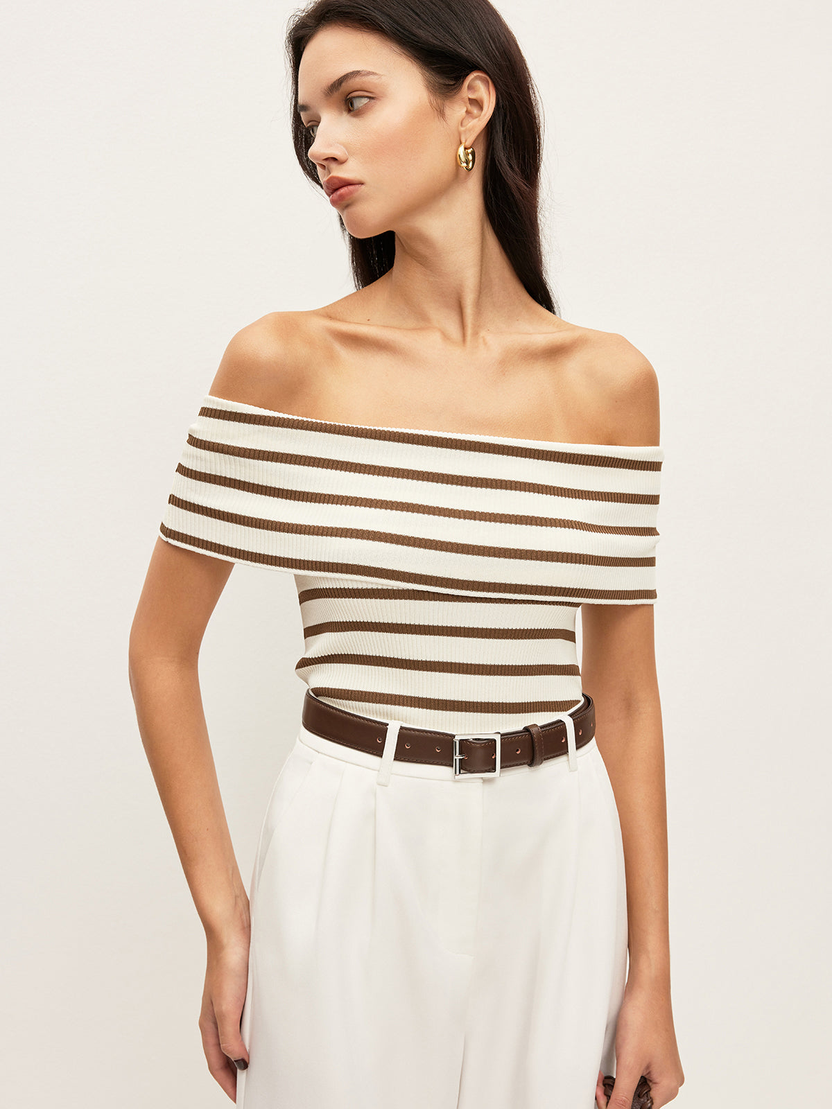 Çizgili Off-Shoulder Ribana Üst