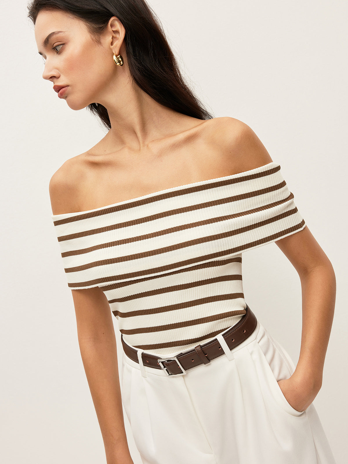 Çizgili Off-Shoulder Ribana Üst