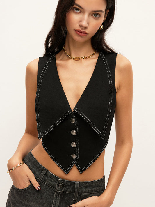 Yaka Detaylı Düğmeli Denim Üst