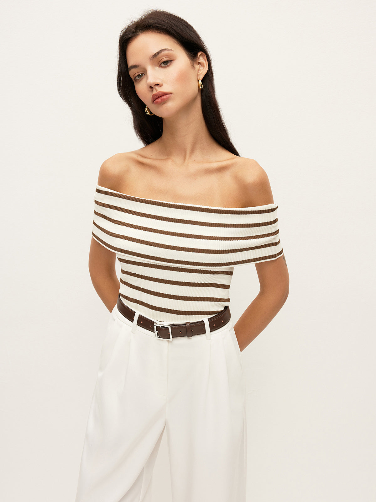 Çizgili Off-Shoulder Ribana Üst