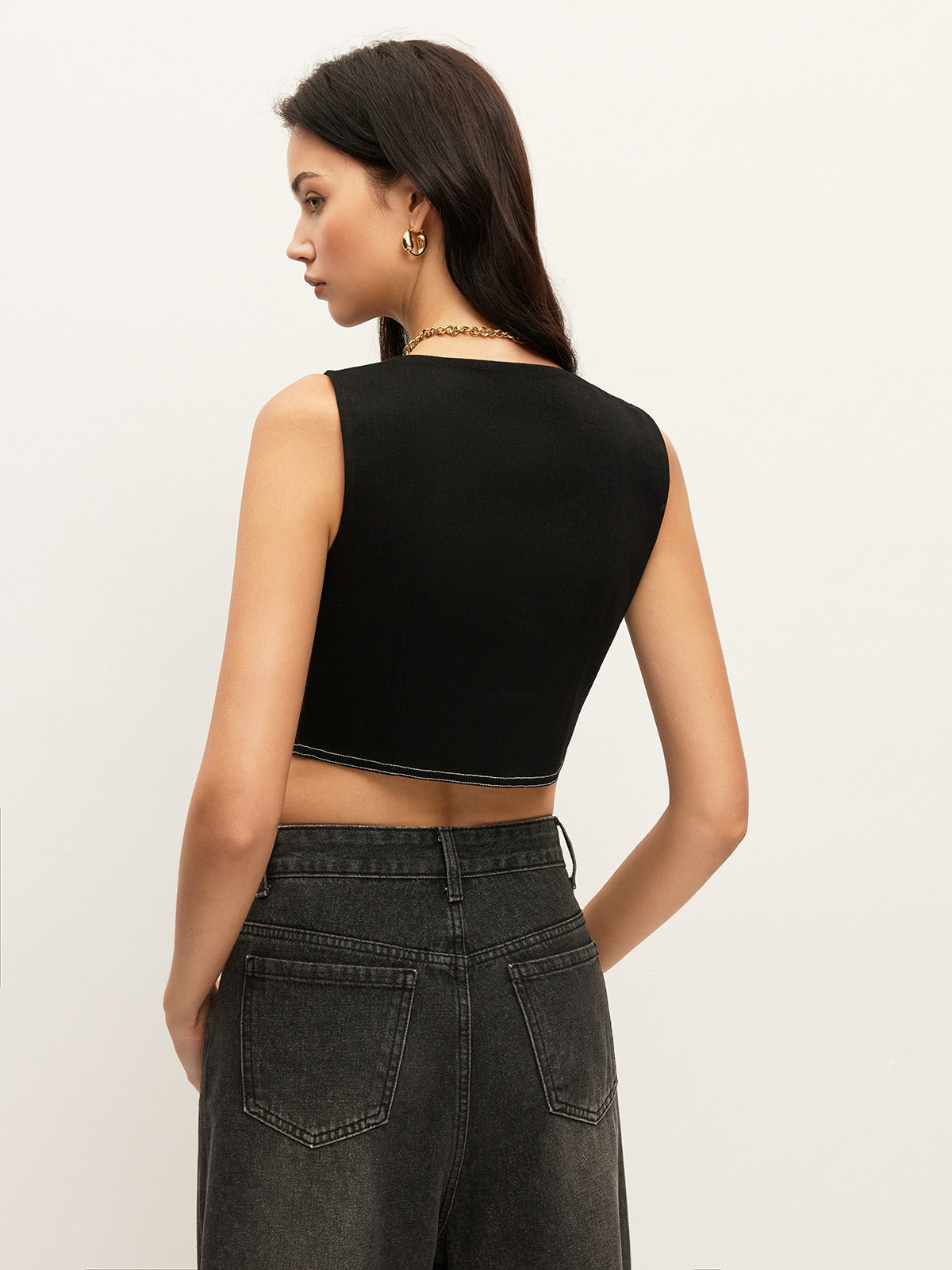 Yaka Detaylı Düğmeli Denim Üst