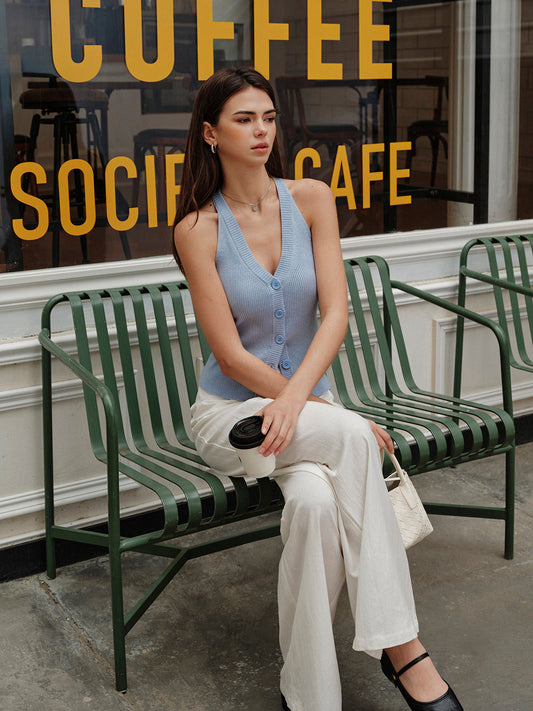 V Yaka Ribana Yarık Süveter Yelek