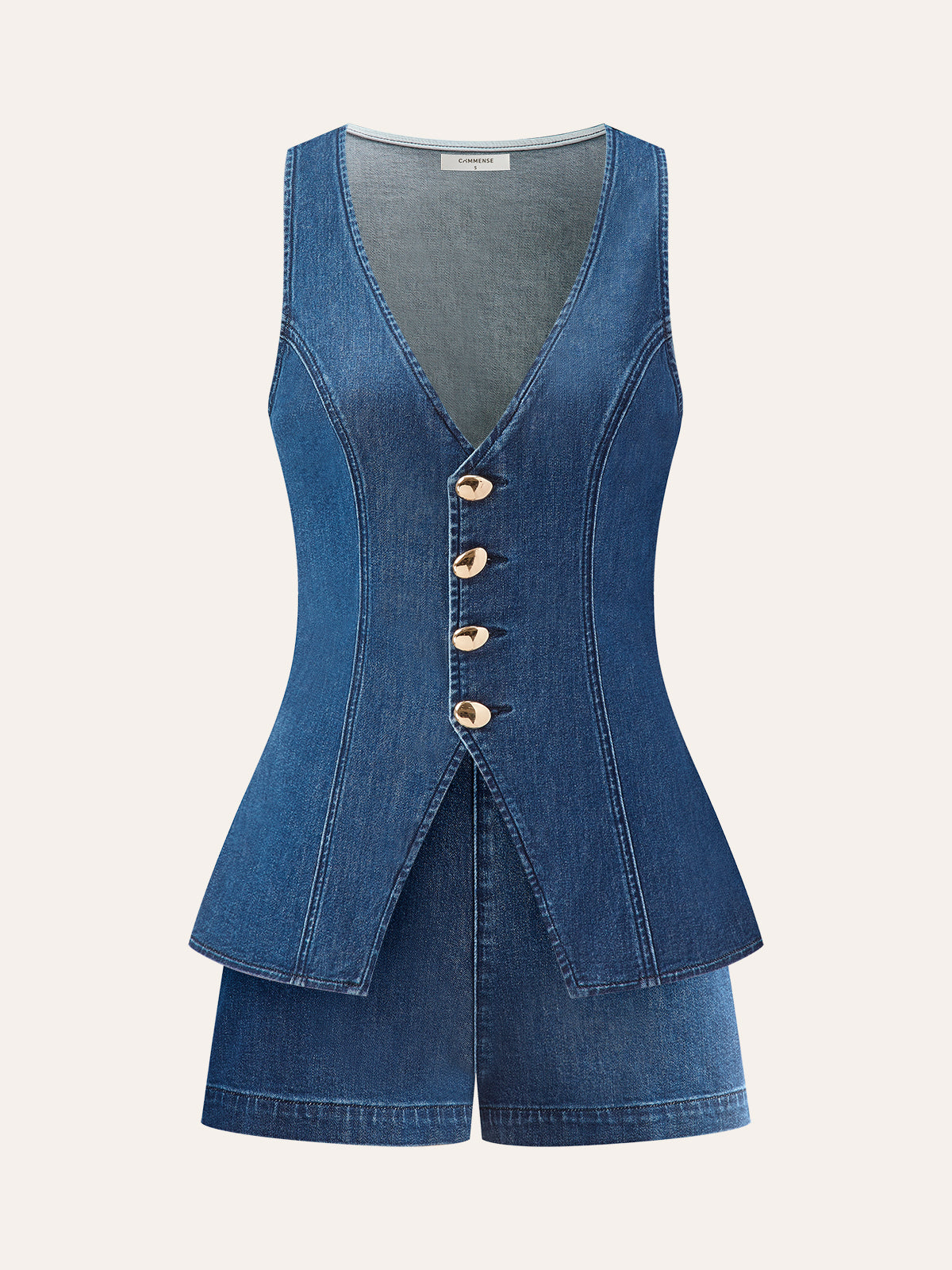 Metal Düğme Bağcıklı Denim V Yaka Şort Takımı