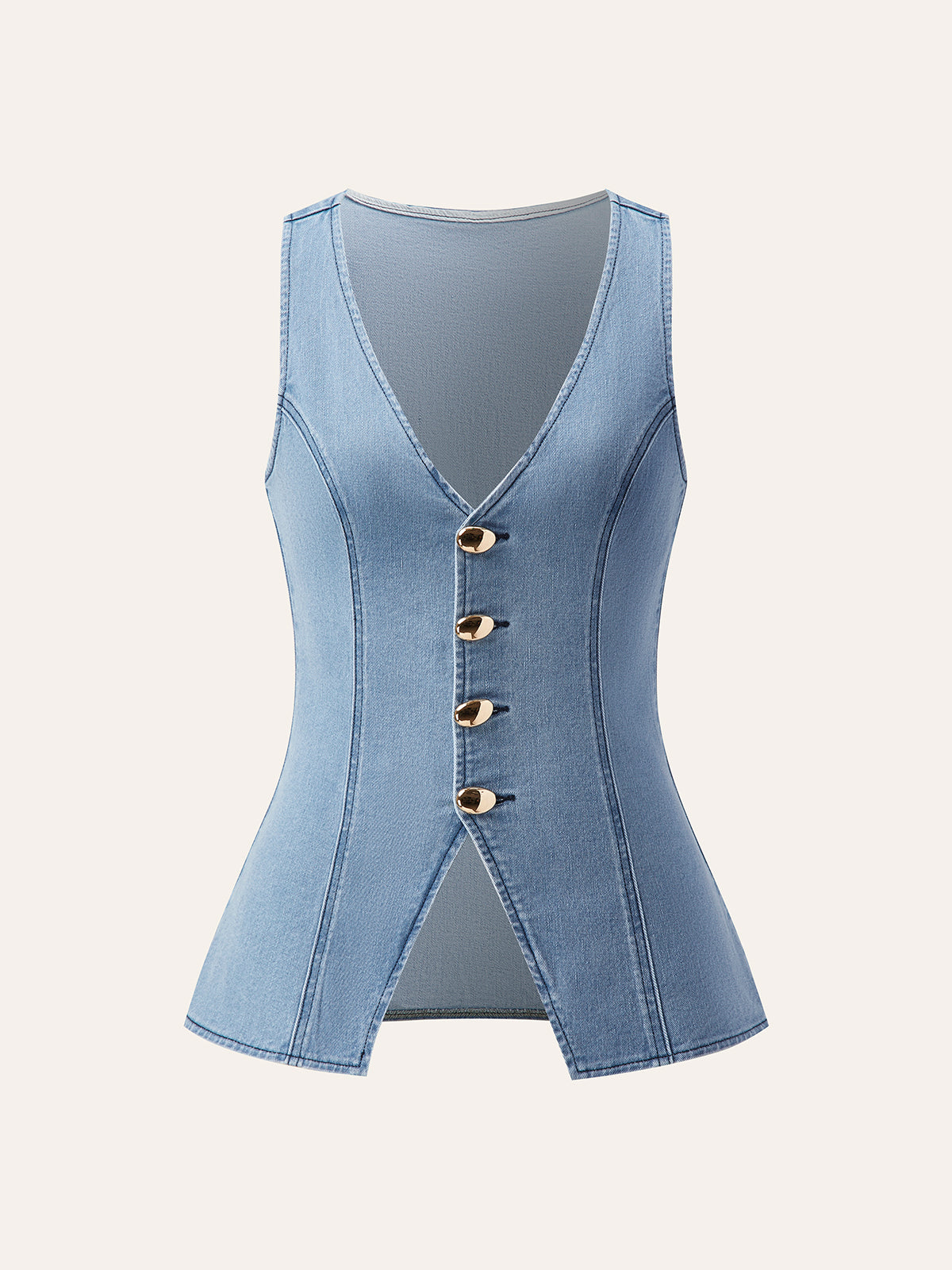Metal Düğme Bağcıklı Denim V Yaka Şort Takımı