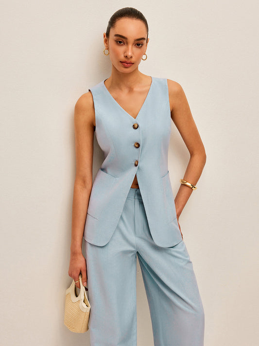 Pamuk & Keten Bağlamalı Yelek ve Pantolon Takımı