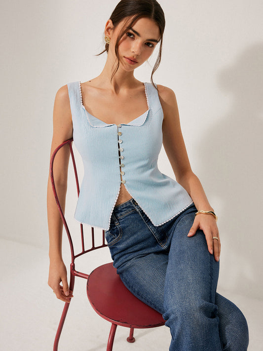 Düğmeli Ön Dantel Detaylı Bluz