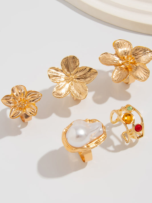 Altı Parçalı Yüzük Seti, İnci ve Çiçek Aksanları ile