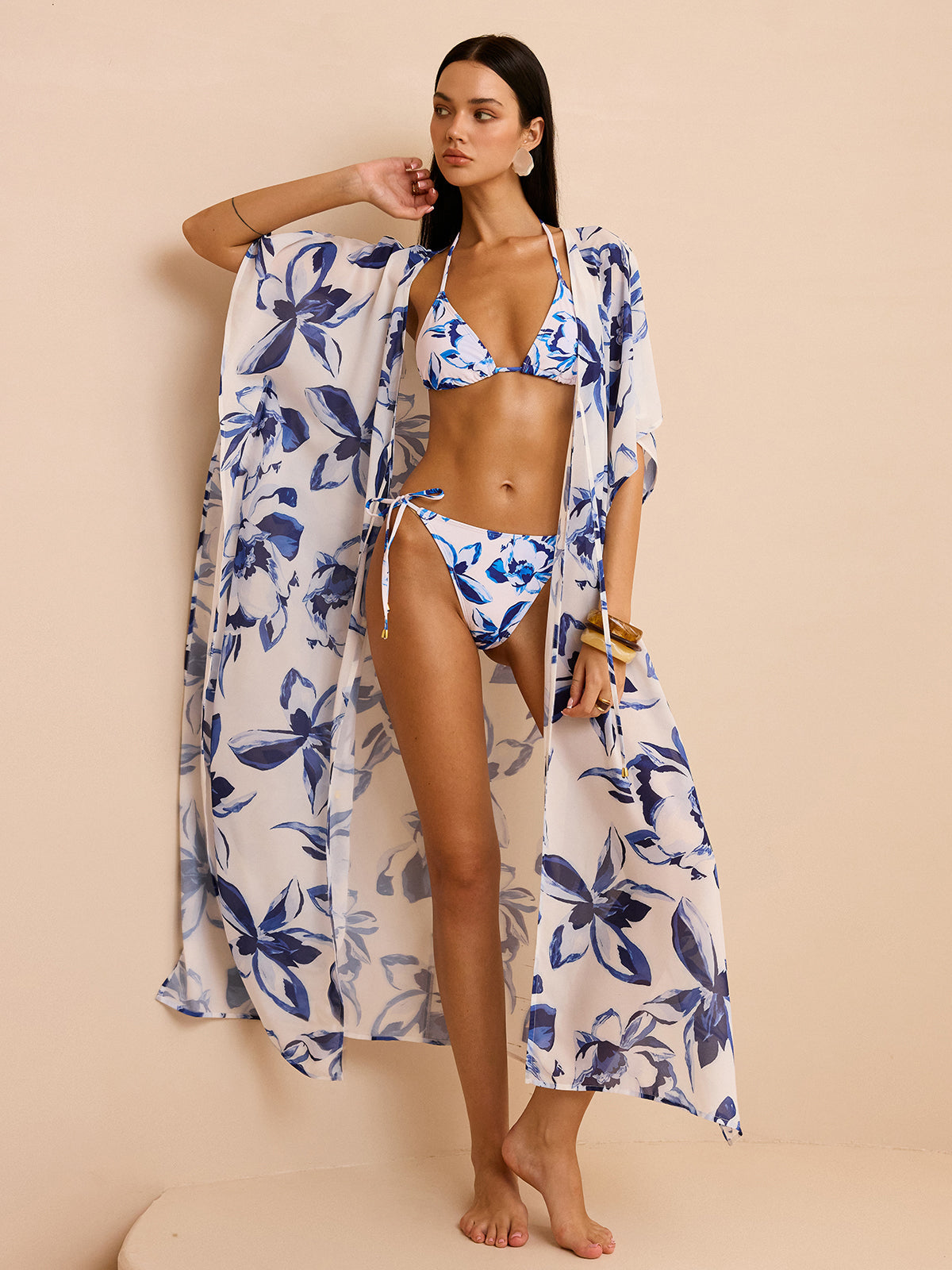 Bağlamalı Şeffaf Çiçek Desenli Kimono Üst Giysi