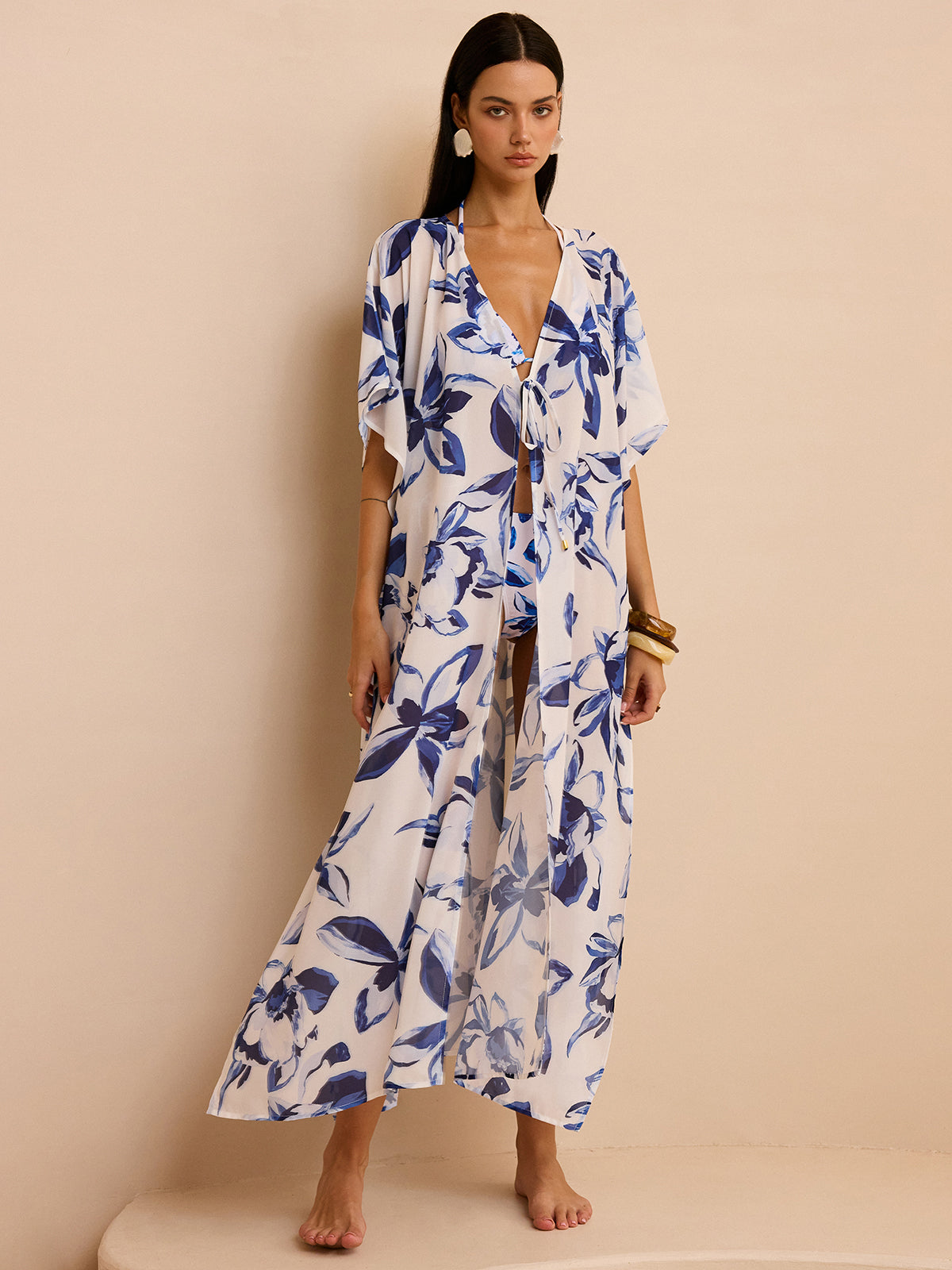 Bağlamalı Şeffaf Çiçek Desenli Kimono Üst Giysi