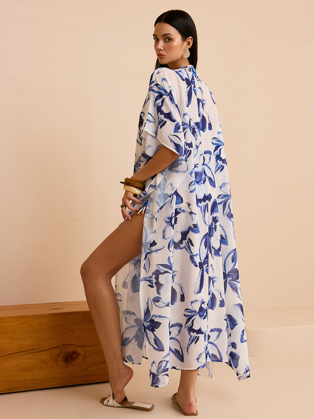 Bağlamalı Şeffaf Çiçek Desenli Kimono Üst Giysi