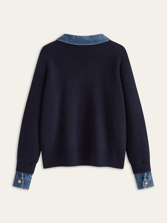 Denim Panel Asimetrik V Yaka Triko Üst