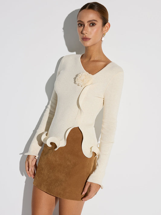 3D Çiçekli Fırfırlı Etek Ucu Triko Üst