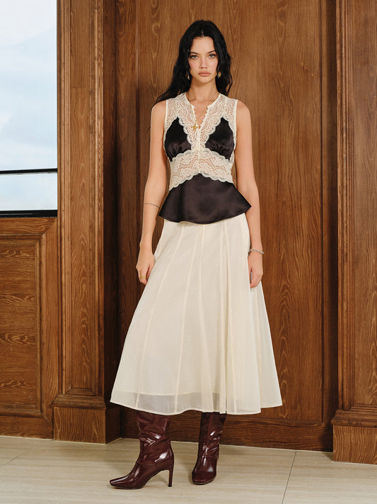 Yarı Transparan Şifon Orta Bel Maxi Etek