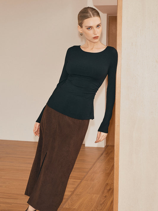 Şeffaf Dantel Sırt Uzun Kollu Tişört