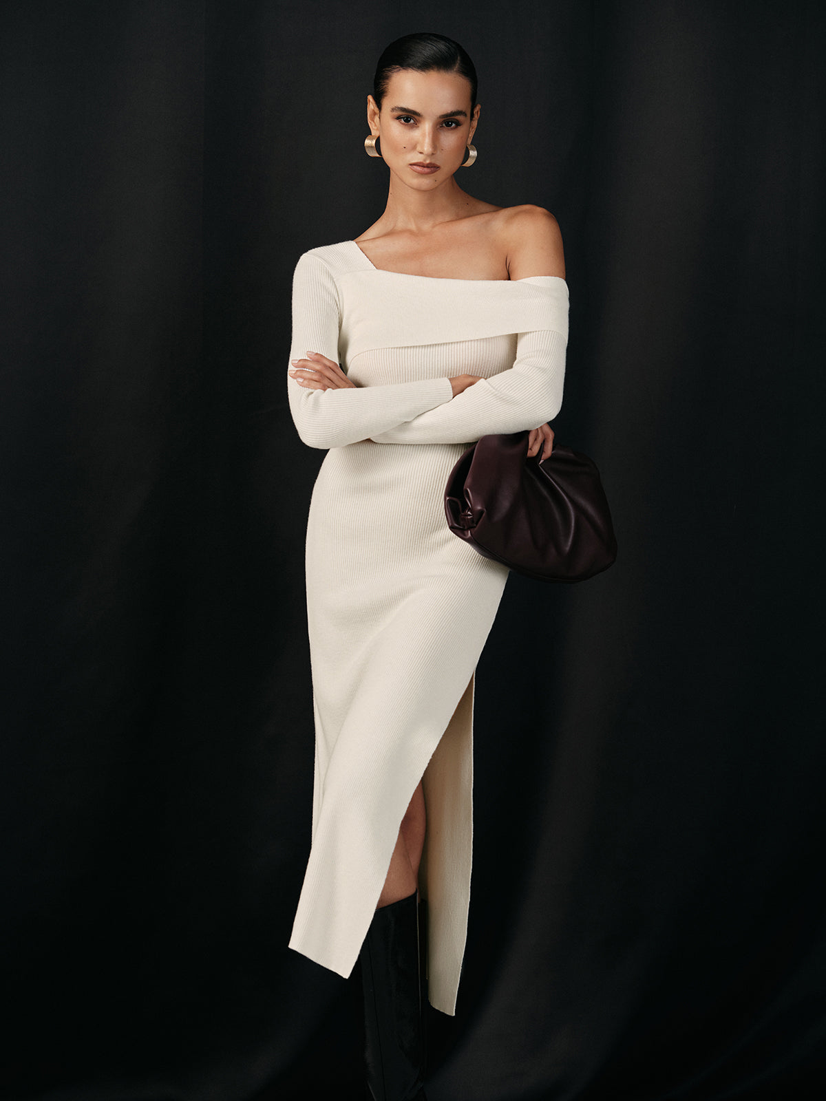 Tek Omuz Yün Karışımlı Örgü Yırtmaçlı Midi Elbise