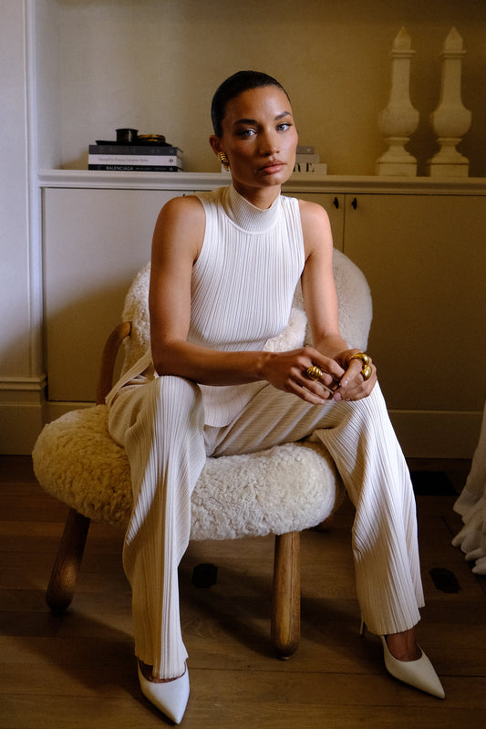 Chiara Düz Paça Triko Pantolon - Krem