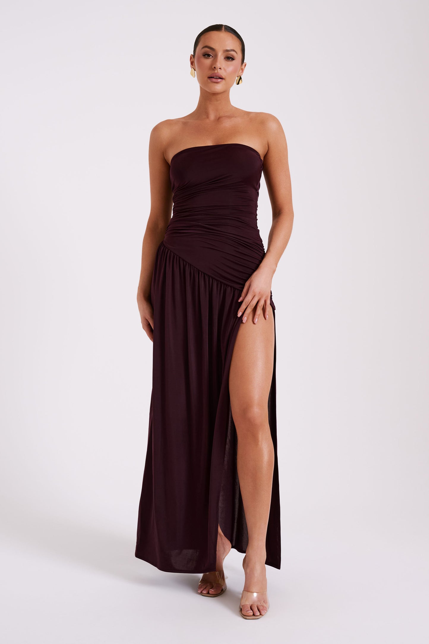 Bex Yırtmaçlı Askısız Slinky Maxi Elbise - Kiraz