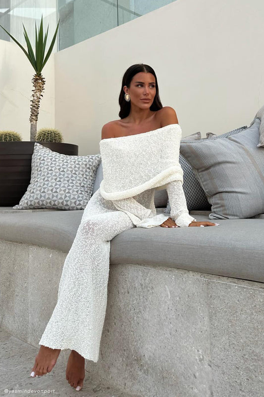 Marisol Tek Omuzlu Boucle Maxi Elbise - Ivory